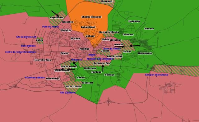 Situation d’Alep en Novembre 2012 (en vert : contrôle de l’ASL, en orange : contrôle les YPG)